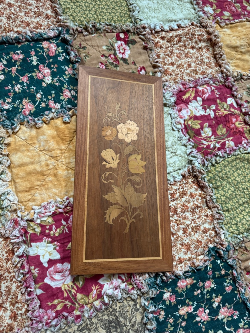 Vintage Floral Inlay Wooden Wall Plaque - Brown and Gold